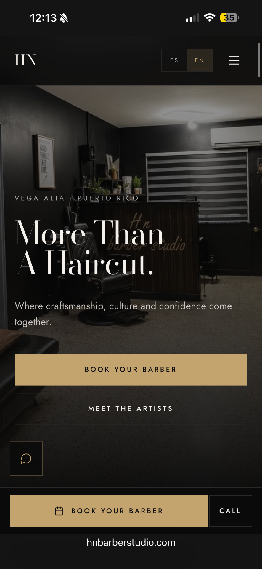 HN Barber Studio website homepage on a mobile screen, designed by SOMA