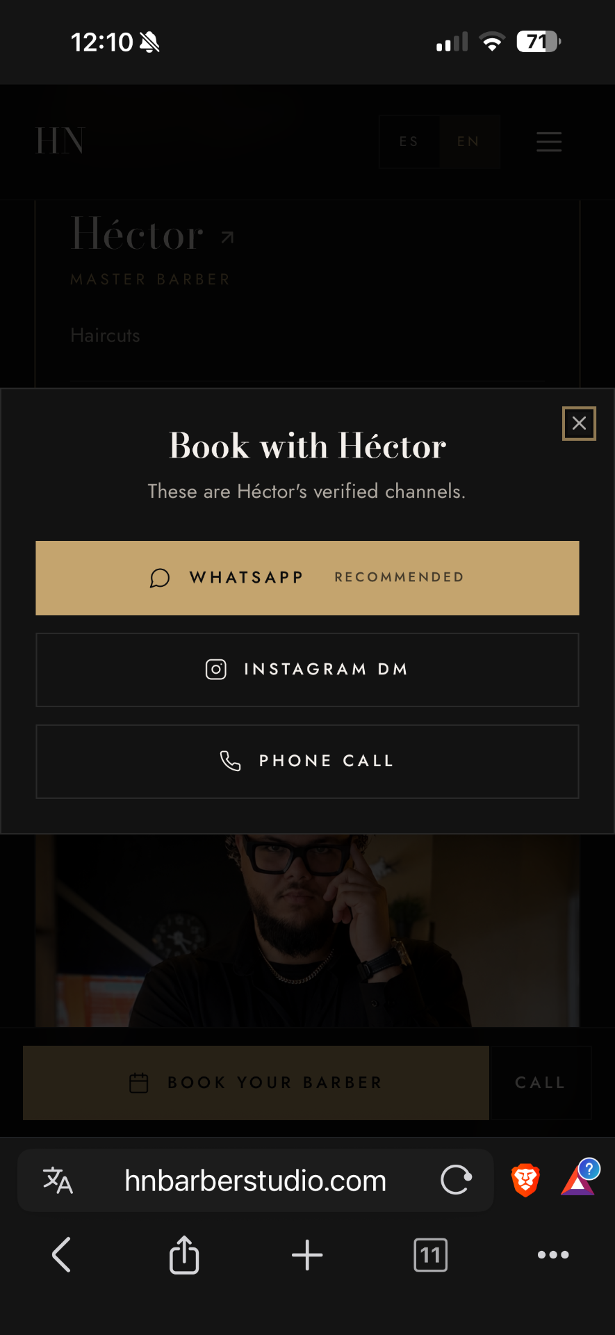 Book with Héctor modal showing WhatsApp, Instagram DM, and Phone Call as verified booking channels