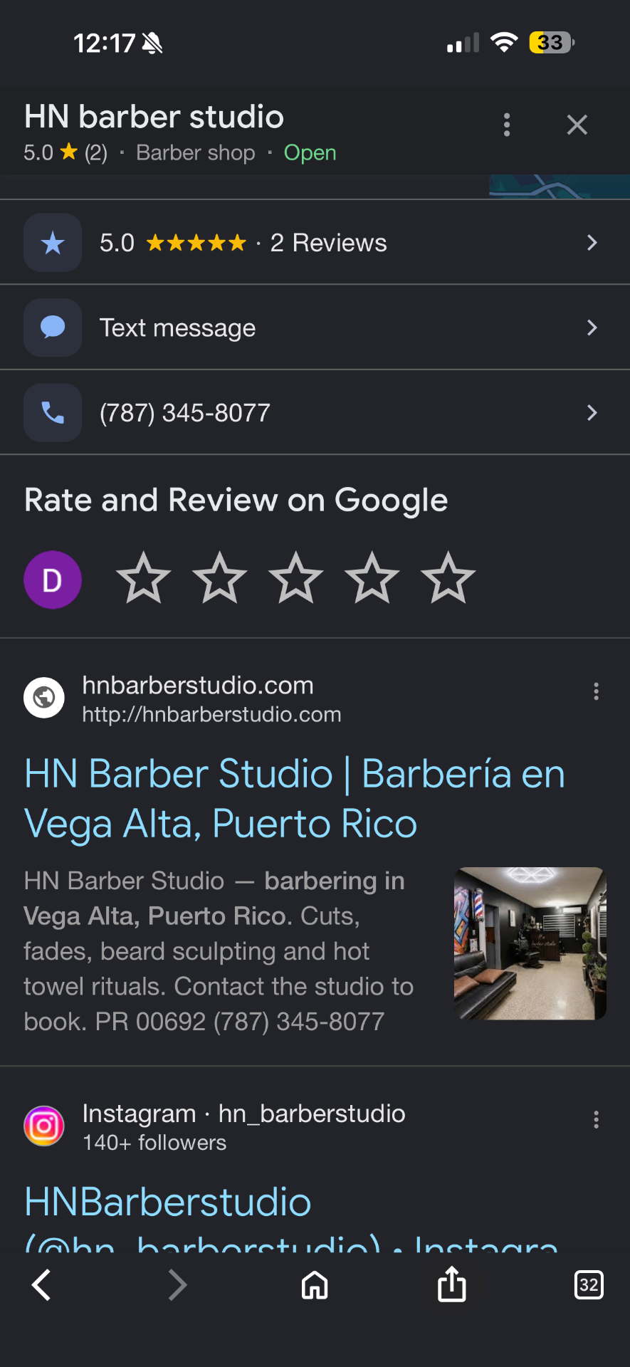 HN Barber Studio appearing in Google Search under its official domain